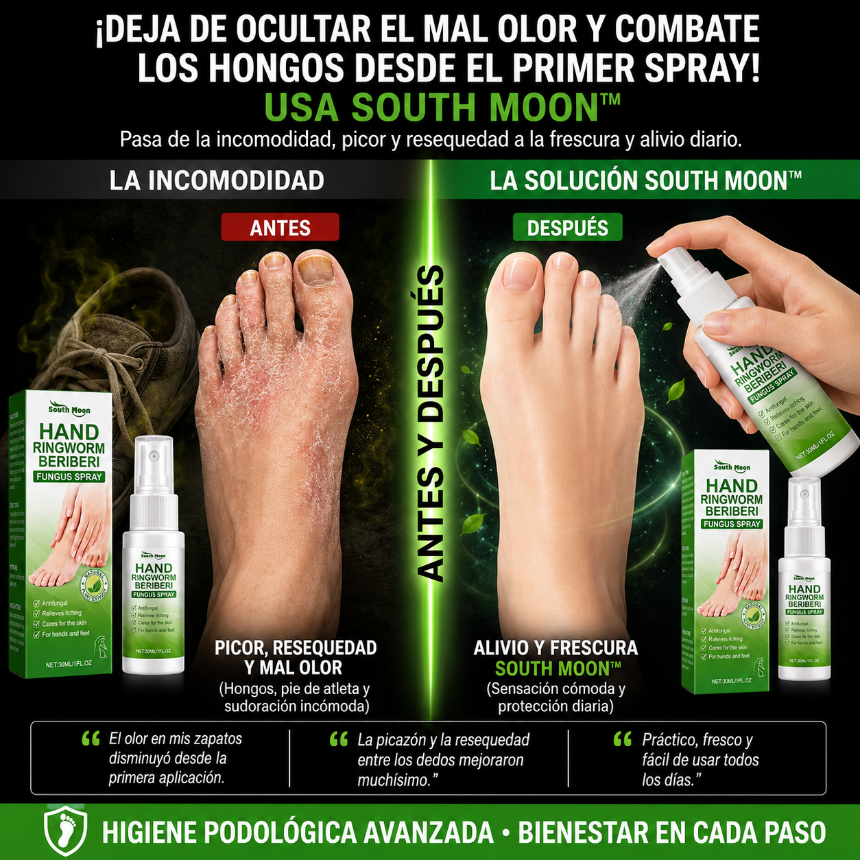 🚨 Basta de Esconder tus Pies: Elimina la Picazón, el Mal Olor y el Ardor Hoy Mismo Alivio desde el primer uso. Llévate 3x1 en Spray Antihongos South Moon + Ebook GRATIS "Pies Sanos en 7 Días"
