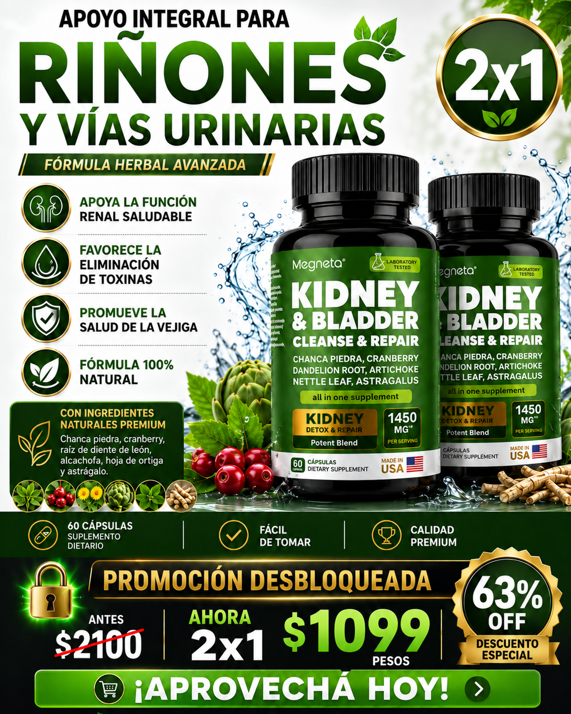 😩 Tus Riñones Están Pidiendo Ayuda: Escucha las Señales de tu Cuerpo Kidney & Bladder Support — Apoyo Integral para Riñones y Vías Urinarias. 2x1 a $1099 + Ebook GRATIS de Regalo