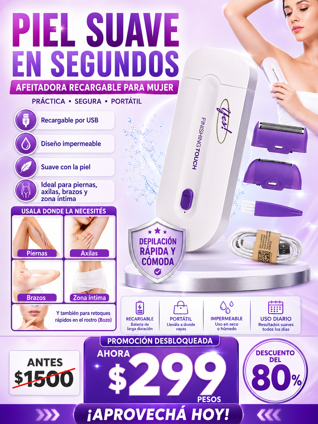 🔓 ¡OFERTA DESBLOQUEADA! Piel suave en segundos con tu afeitadora recargable por solo $299 (antes $1,500) ✨