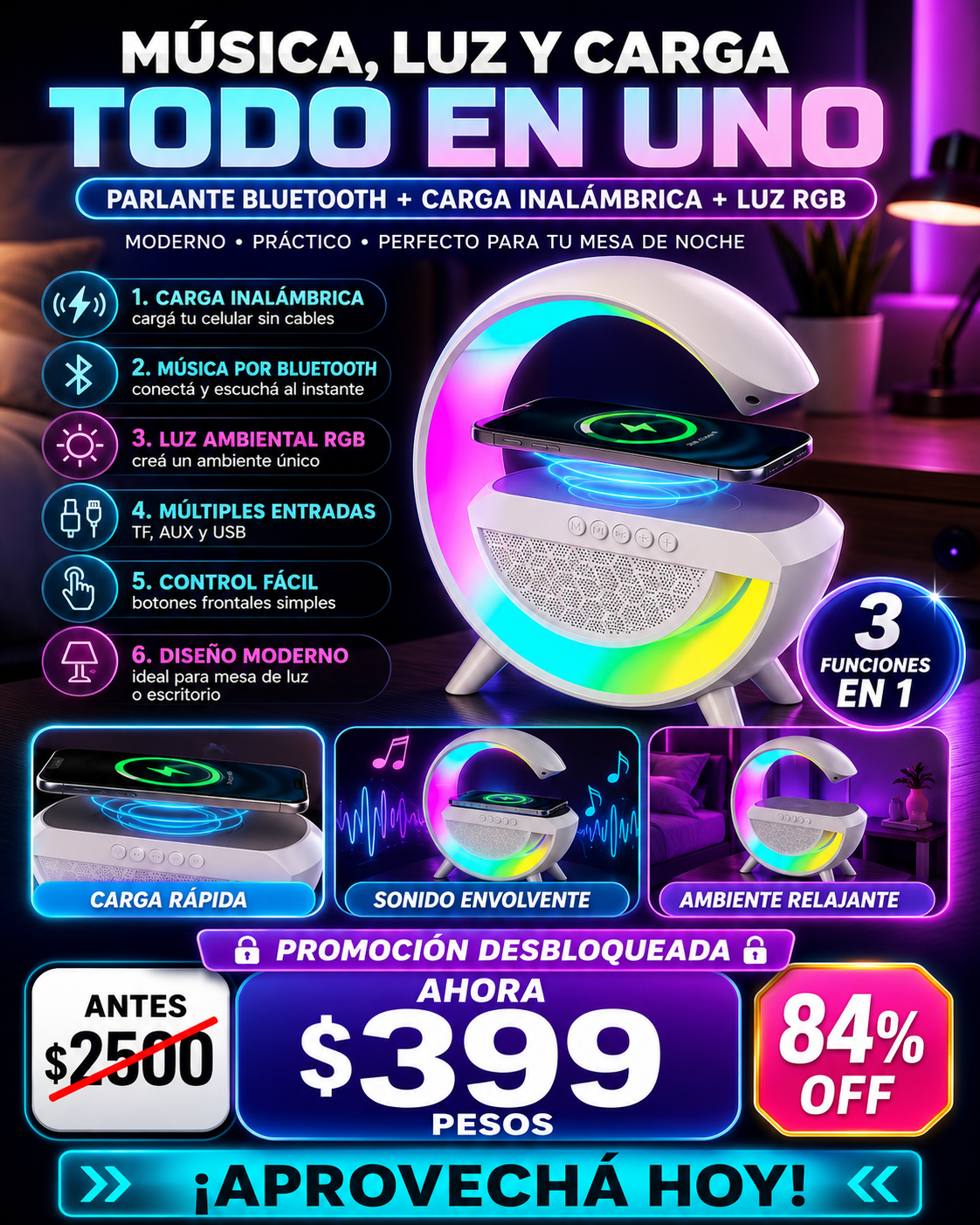 🔓 ¡OFERTA DESBLOQUEADA! Música, luz RGB y carga inalámbrica en un solo equipo por solo $399 (antes $2.500) 🎶✨