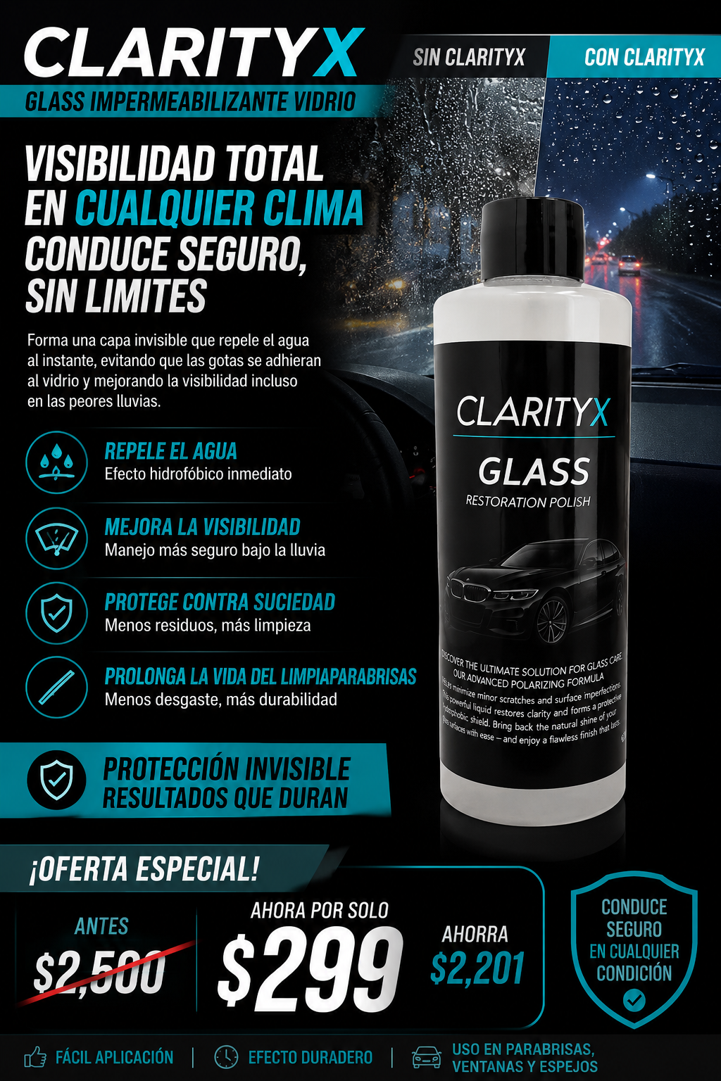 🔓 ¡OFERTA DESBLOQUEADA! Manejá sin miedo a la lluvia con CLARITYX por solo $299 (antes $2.500) 🌧️🚗