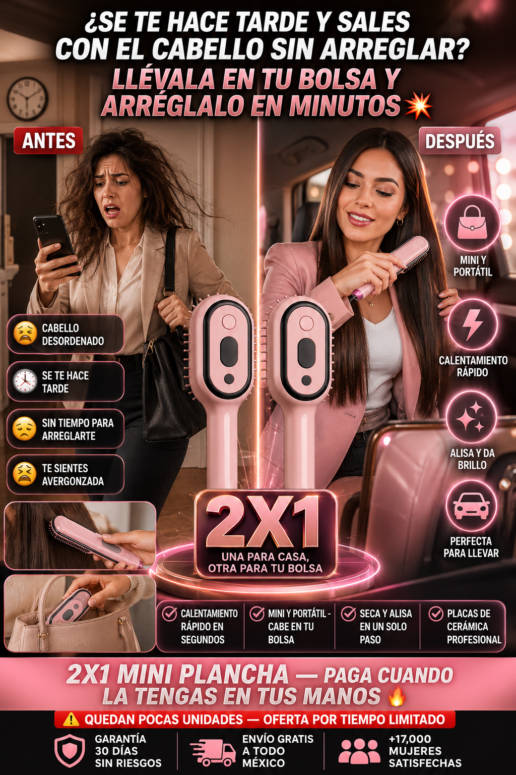 🚨 ¿SE TE HACE TARDE Y SALES CON EL CABELLO SIN ARREGLAR? LLÉVALA EN TU BOLSA Y ARRÉGLALO EN MINUTOS | 2X1 A $999 + EBOOK GRATIS 🎁🔥