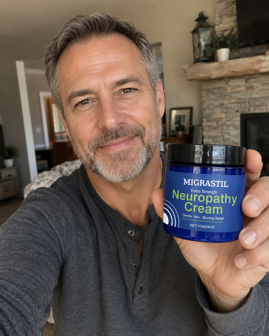 Hombre sosteniendo Migrastil Neuropathy Cream