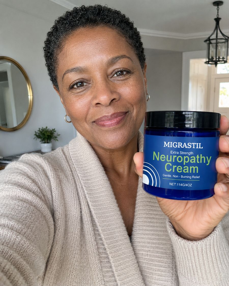 Mujer sosteniendo Migrastil Neuropathy Cream