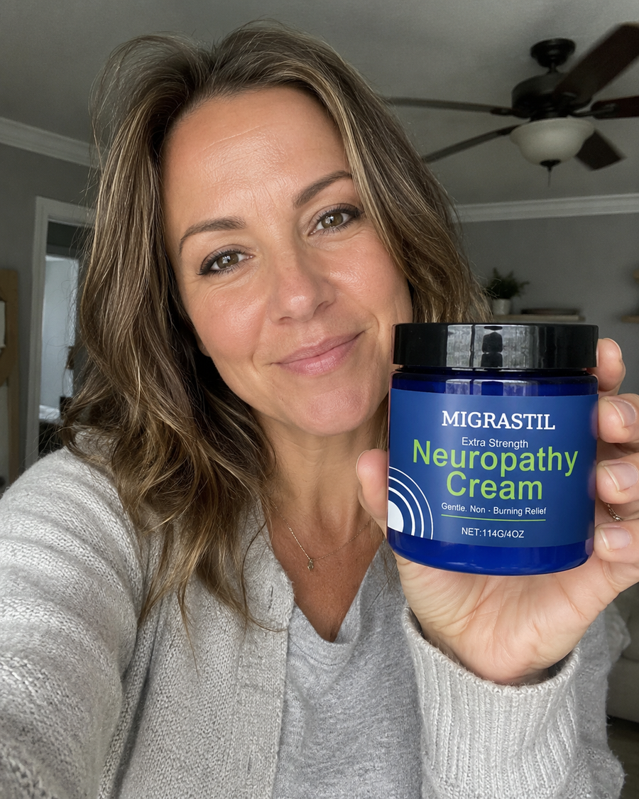 Mujer sosteniendo crema Migrastil