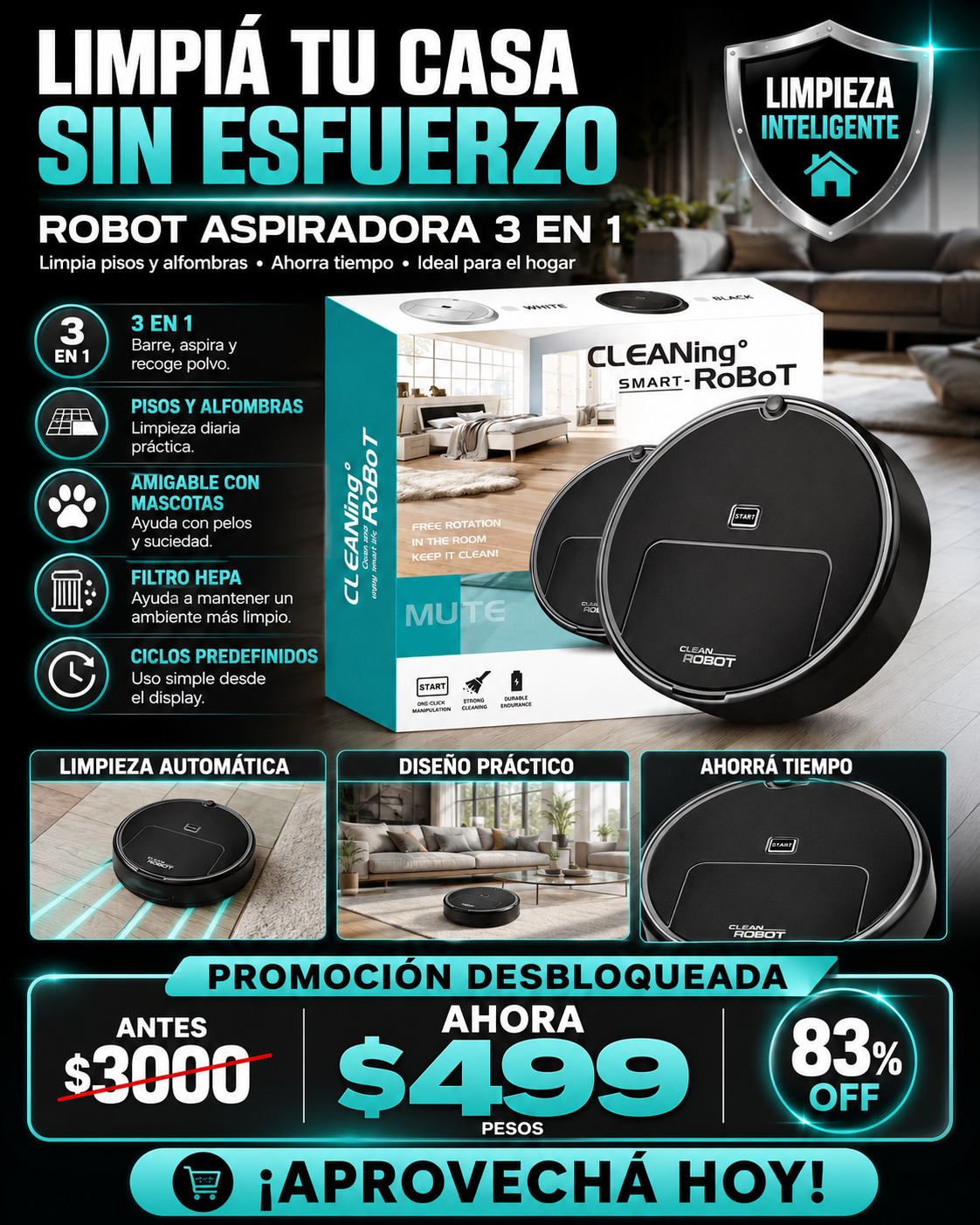 🔓 ¡OFERTA DESBLOQUEADA! Dejá de perder horas limpiando: tu robot aspiradora 3 en 1 por solo $499 (antes $3.000) 🤖✨