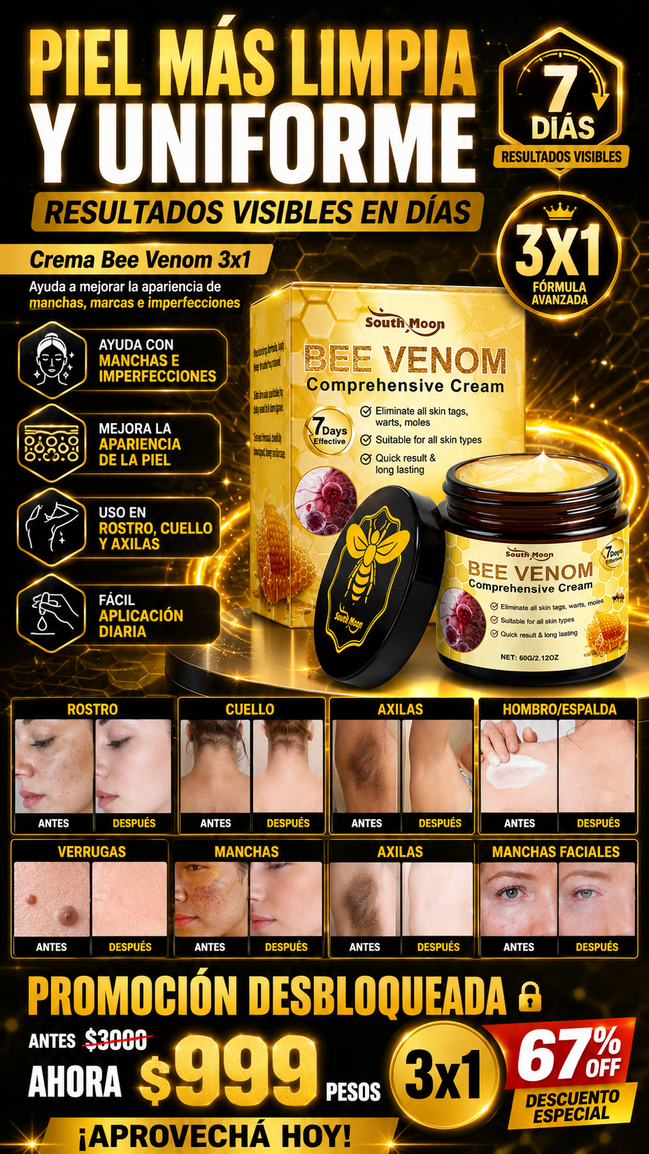 🚨 Esas Manchas y Verrugas No Se Van Solas: Actúa Antes de que se Multipliquen Crema Reparadora Veneno de Abeja — Piel Limpia y Uniforme en Solo 7 Días. 3x1 a $999