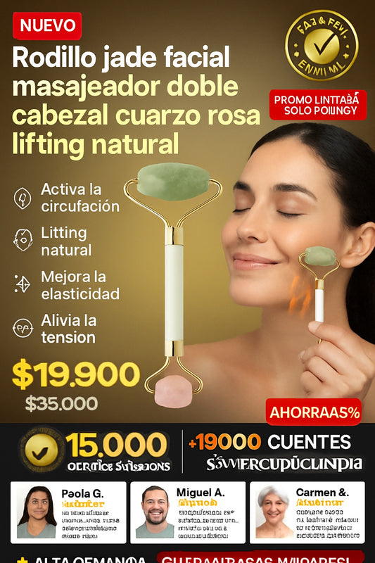 Rodillo jade facial masajeador doble cabezal cuarzo rosa lifting natural - imagen 1
