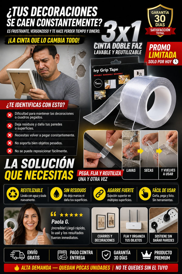 3x1 Cinta Doble Faz Lavable Y Reutilizable - imagen 3