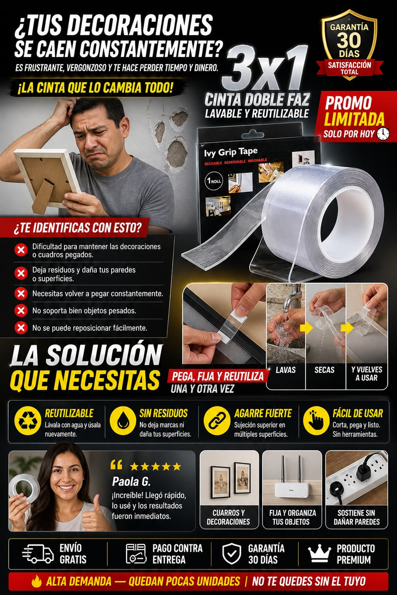 3x1 Cinta Doble Faz Lavable Y Reutilizable - imagen 3