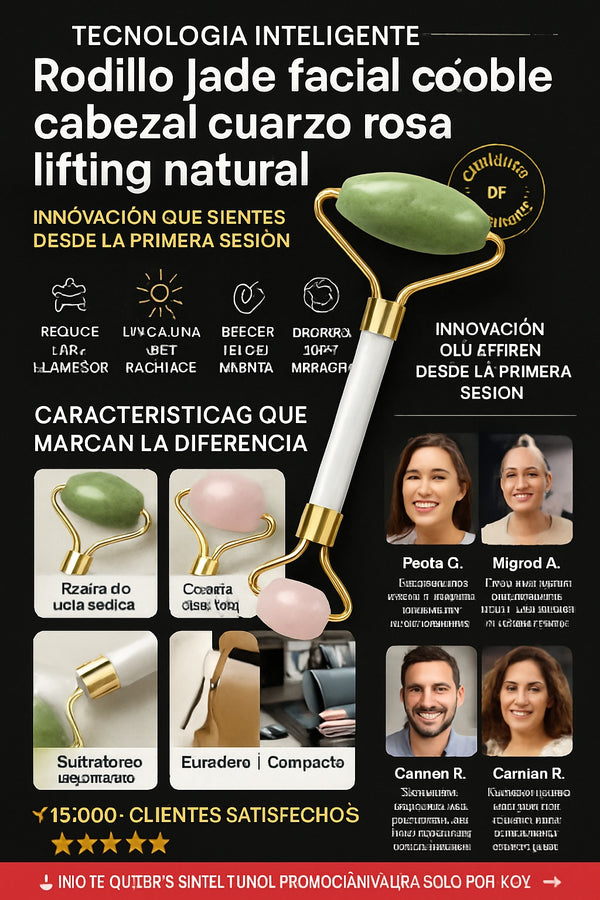 Rodillo jade facial masajeador doble cabezal cuarzo rosa lifting natural - imagen 5