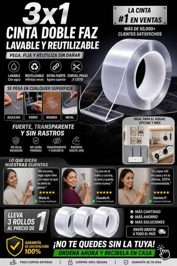 3x1 Cinta Doble Faz Lavable Y Reutilizable - imagen 6