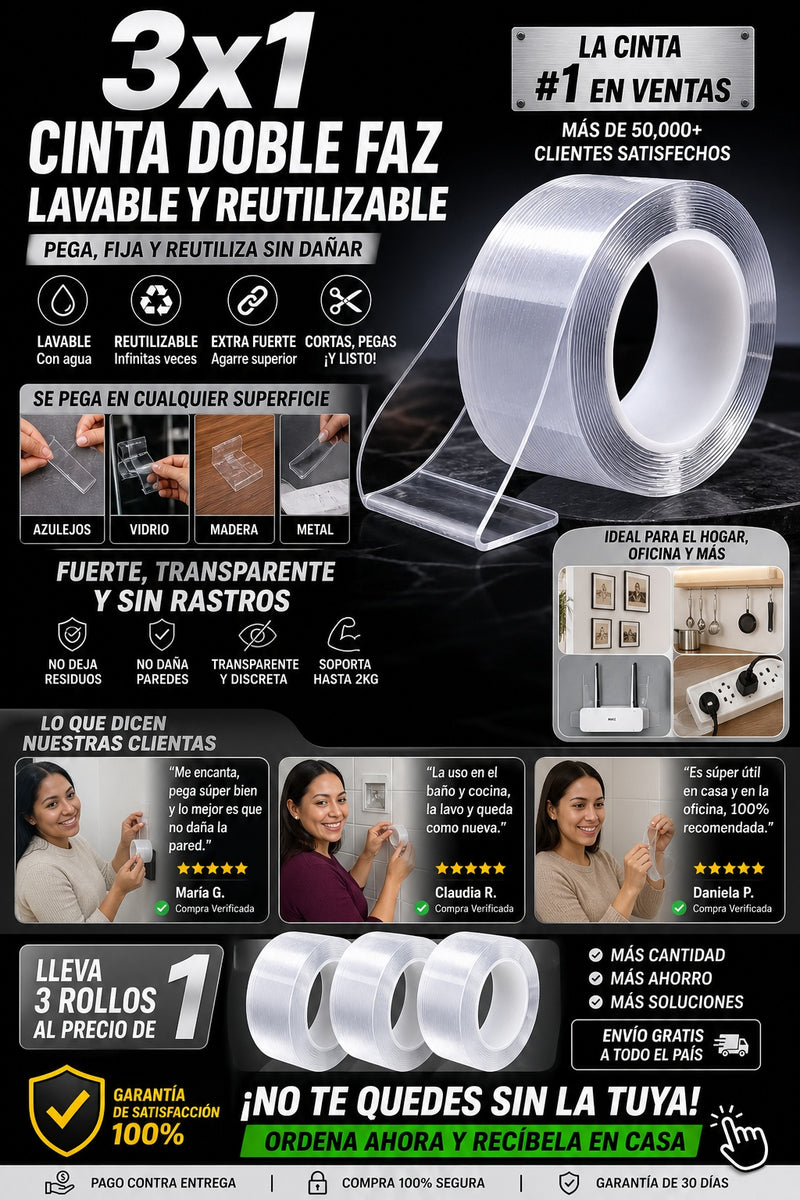 3x1 Cinta Doble Faz Lavable Y Reutilizable - imagen 6