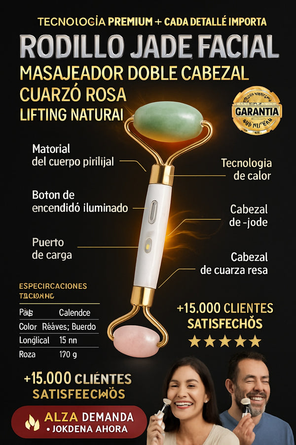 Rodillo jade facial masajeador doble cabezal cuarzo rosa lifting natural - imagen 7