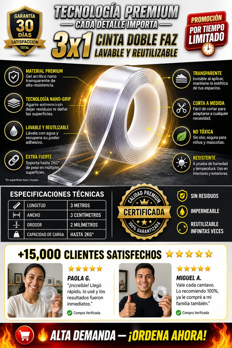 3x1 Cinta Doble Faz Lavable Y Reutilizable - imagen 7